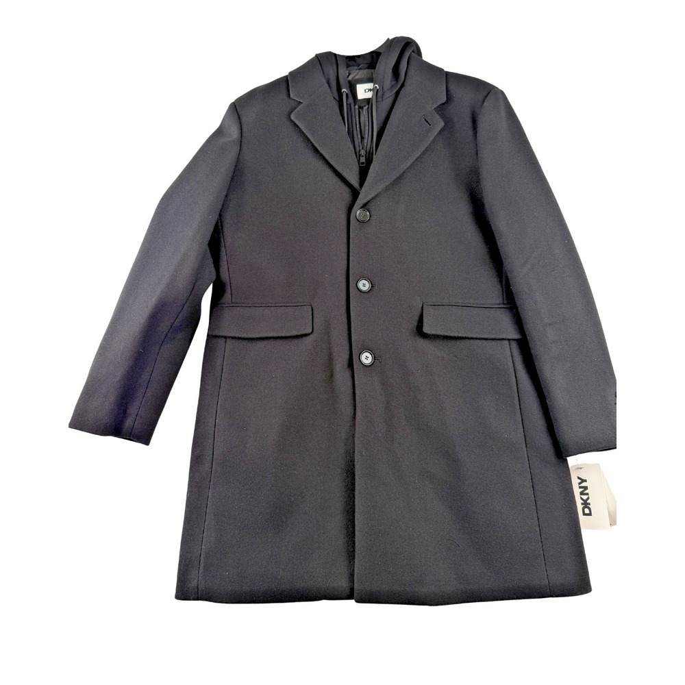 NWT DKNY Mens Large Black Wool‎ Blend Trench Coat Removable Hood Overcoat